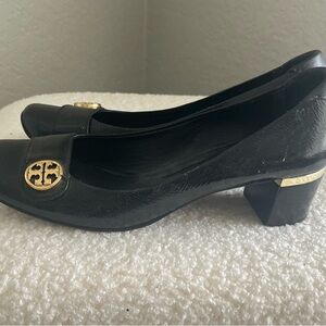 Tory Burch Black Leather Block Heel Pumps with Gold Logo
